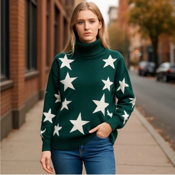 Zenana Outfitters Sweaters - NWOT ZENANA Hunter Green Star Turtleneck Sweater Pullover Medium